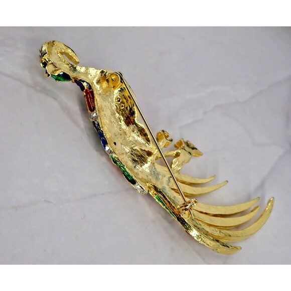Peacock Bird Of Paradise Brooch Pin Colorful Enamel & Crystals Gold Tone LG 3" - Picture 5 of 10